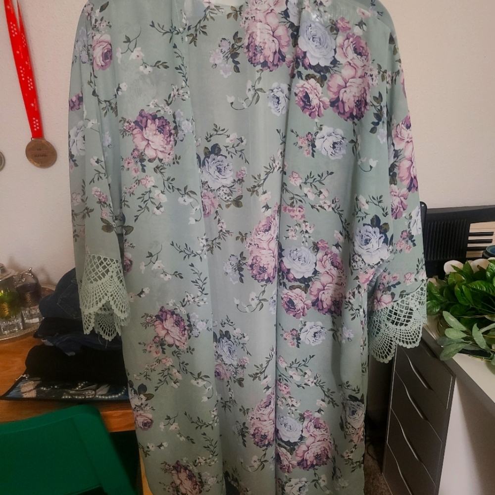 Sheer cardigan with lace sleeve accent